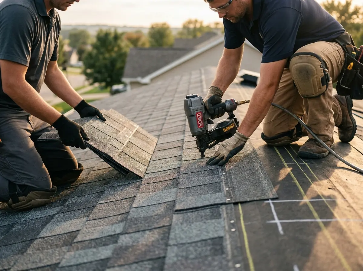 Professional roofer working on a residential roof in Olivehurst